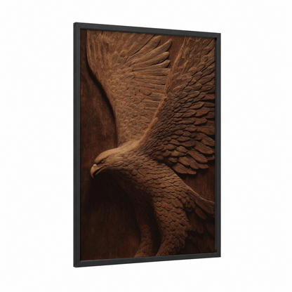 Soaring Eagle Carving framed woodcarving print — black wood frame — brown and gold palette