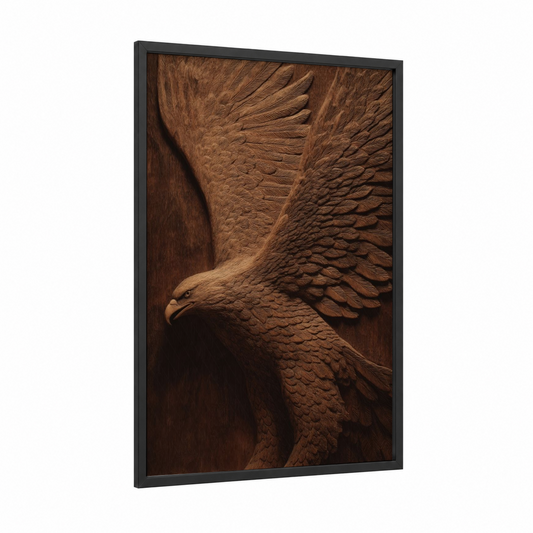 Soaring Eagle Carving framed woodcarving print — black wood frame — brown and gold palette