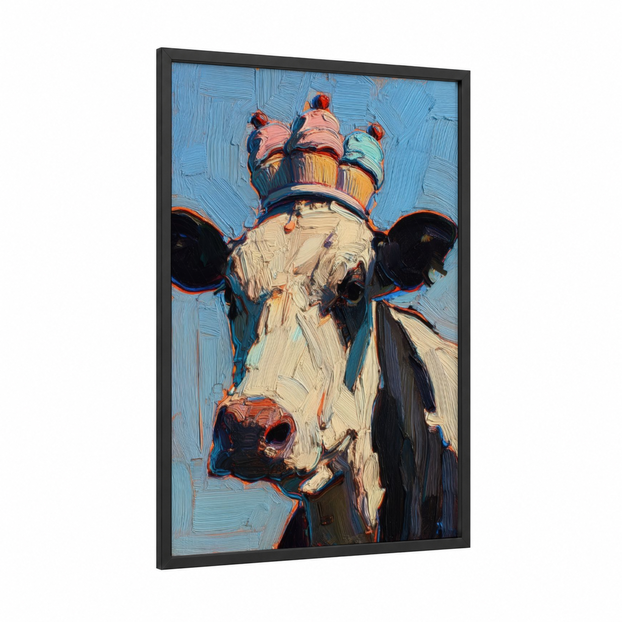 Cream Jersey Cow framed art print — black wood frame — blue and peach palette