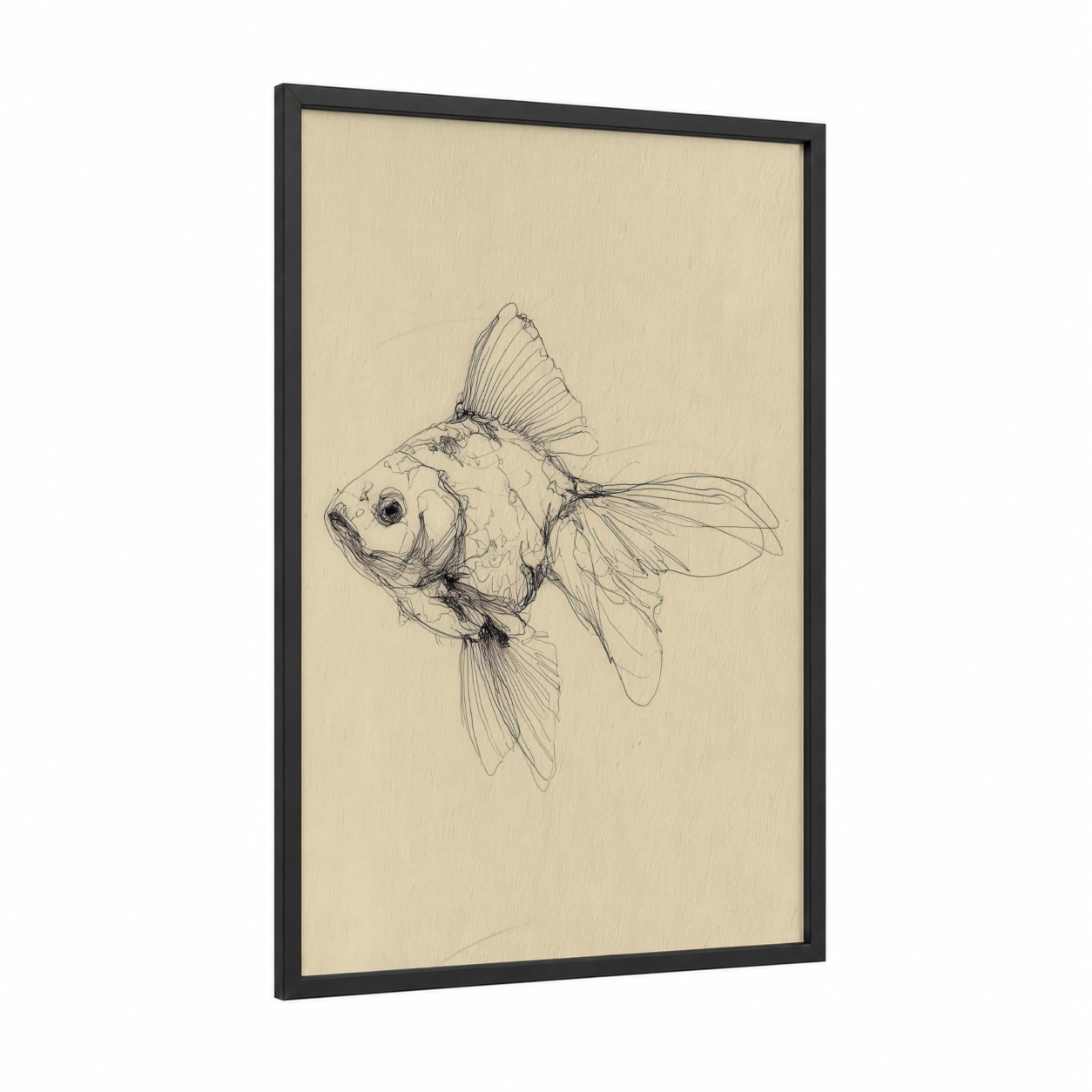 Sketched Goldfish framed art print — black wood frame — cream and black palette