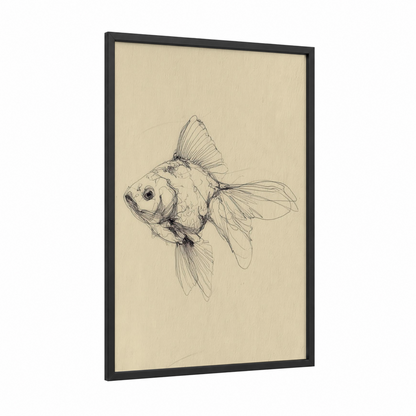 Sketched Goldfish framed art print — black wood frame — cream and black palette