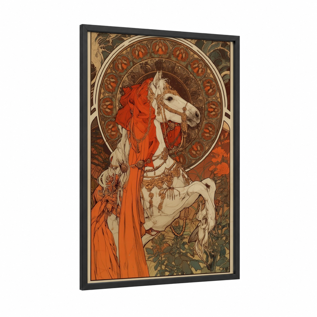 Crimson Regal Horse framed miniature horse print — black wood frame — red and brown palette