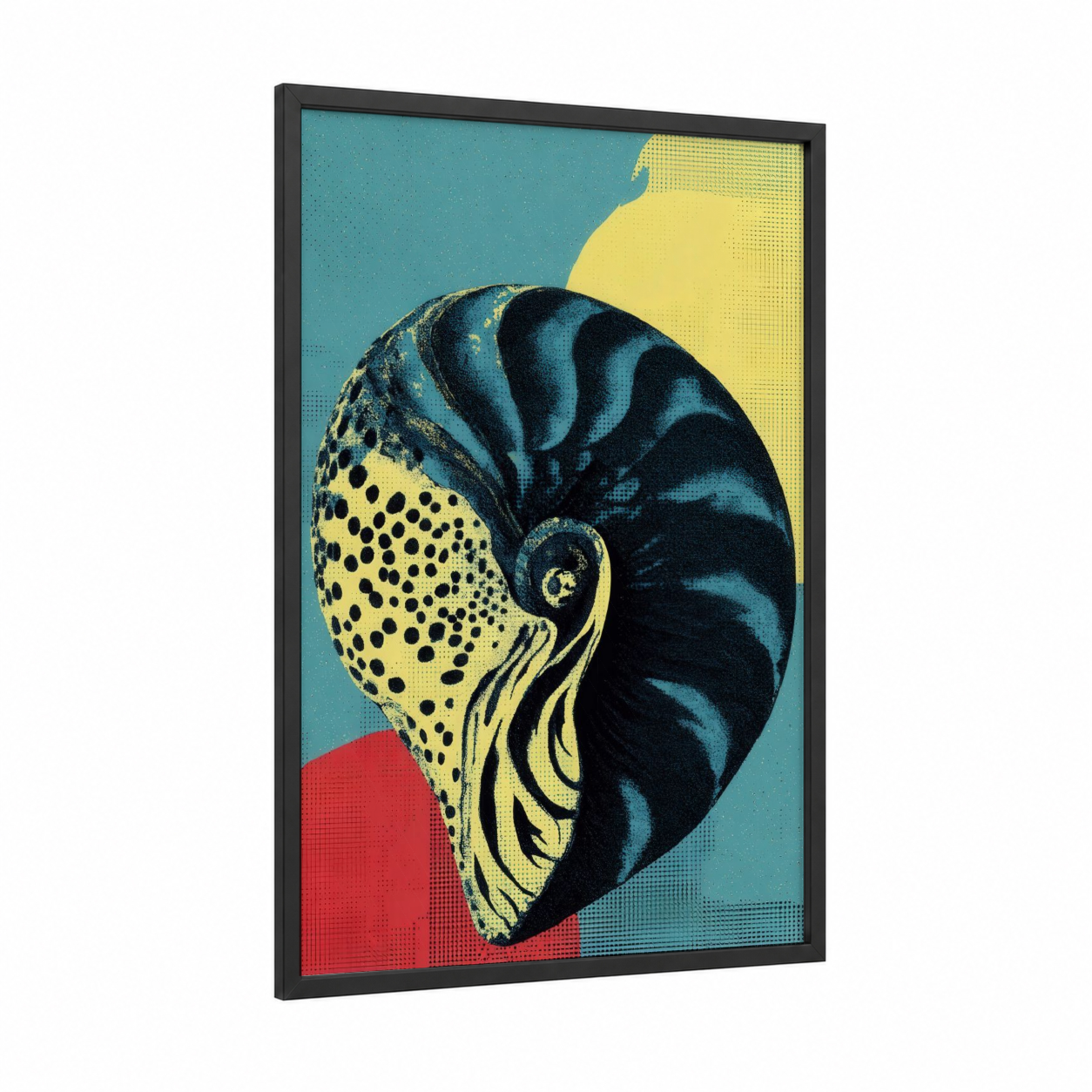 Golden Nautilus Shell framed art print — black wood frame — teal and yellow gold palette