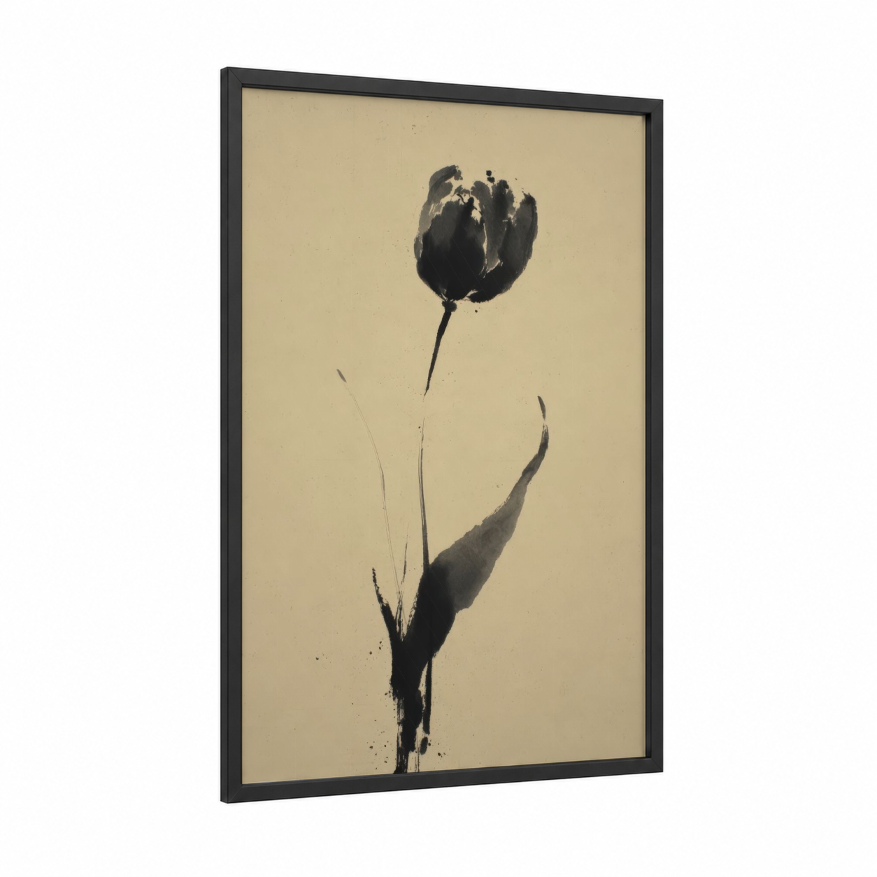 Midnight Tulip framed art print — black wood frame — black and white and champagne gold palette