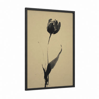 Midnight Tulip framed art print — black wood frame — black and white and champagne gold palette