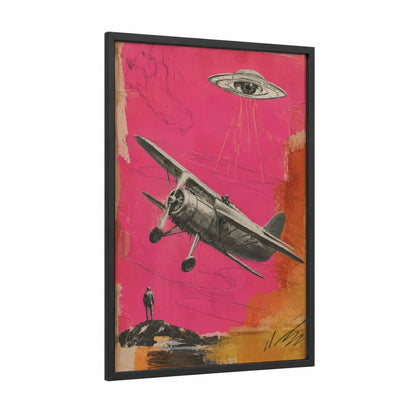Vintage Airplane UFO Encounter Wall Art framed art print — black wood frame — magenta and orange palette