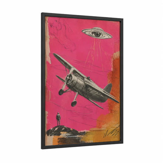 Vintage Airplane UFO Encounter Wall Art framed art print — black wood frame — magenta and orange palette