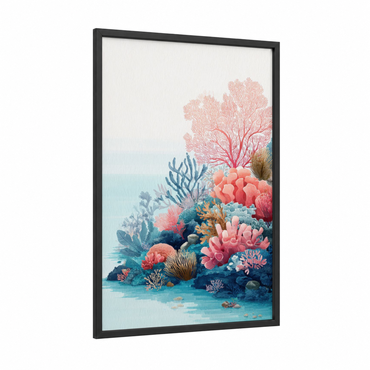 Vibrant Coral Reef framed art print — black wood frame — salmon pink and blue palette