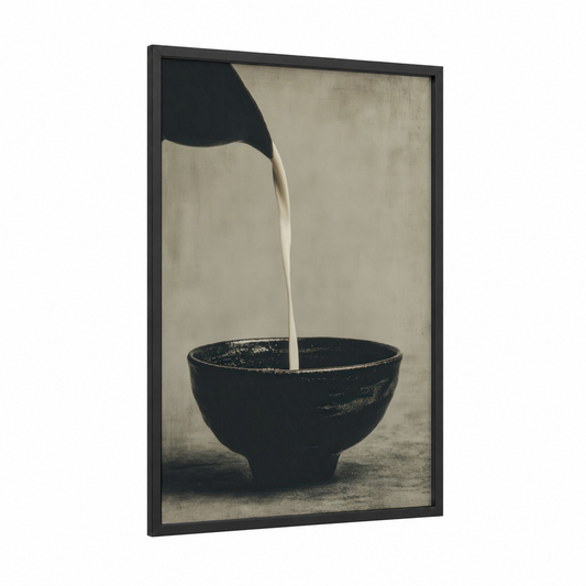 Pouring Milk framed art print — black wood frame — beige and black palette