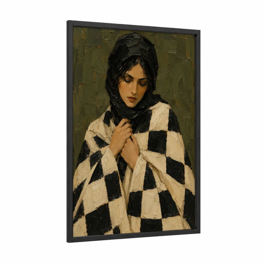 Woman in Checkered Shawl Wall Art framed fashion illustration print — black wood frame — black and white and olive palette