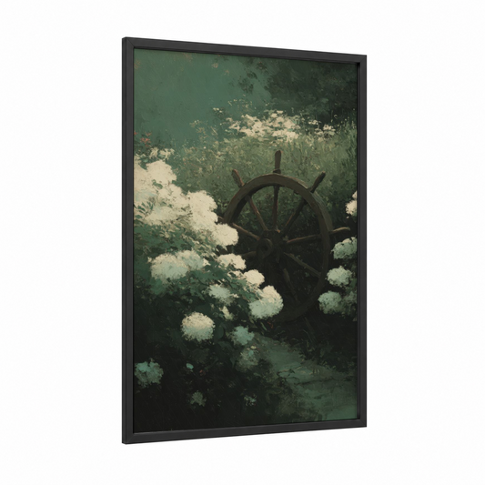 Vintage Shipwheel Garden framed art print — black wood frame — dark green and cream palette