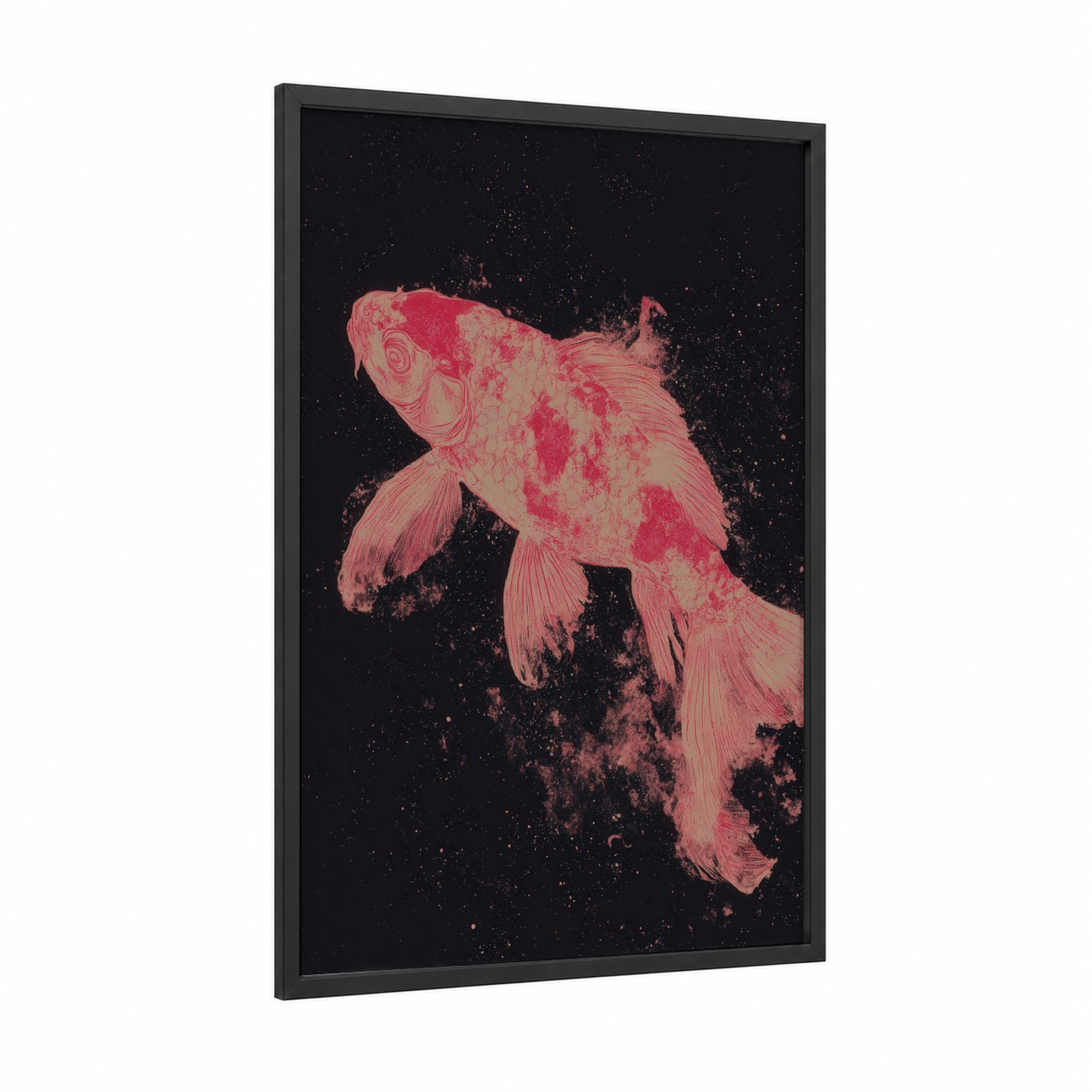 Cosmic Koi framed koi fish print — black wood frame — salmon pink and black palette