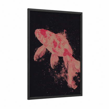 Cosmic Koi framed koi fish print — black wood frame — salmon pink and black palette