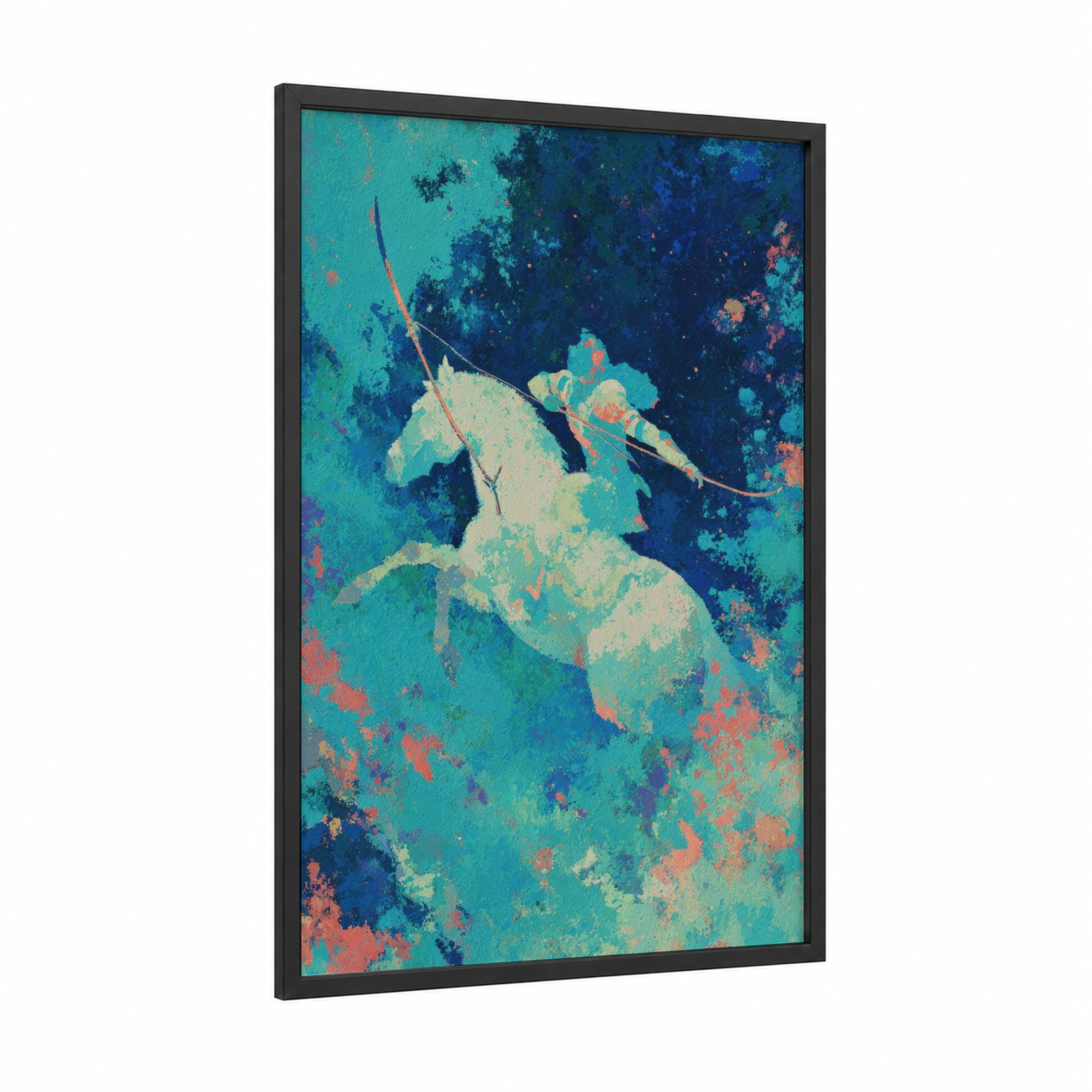 Celestial Archer framed sagittarius print — black wood frame — teal and dark blue palette