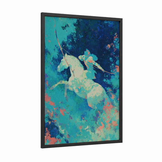 Celestial Archer framed sagittarius print — black wood frame — teal and dark blue palette