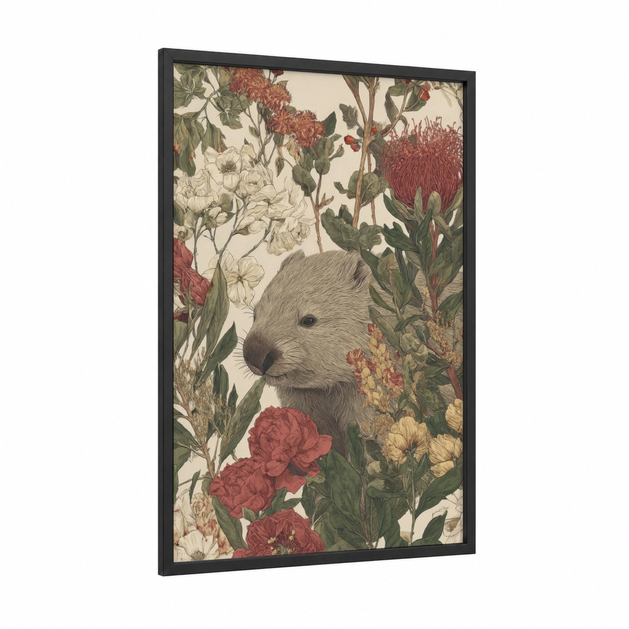 Floral Wombat framed art print — black wood frame — cream and russet palette