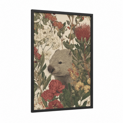 Floral Wombat framed art print — black wood frame — cream and russet palette