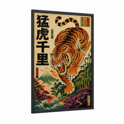 Japanese Tiger Mountain Landscape Wall Art framed art print — black wood frame — orange and beige palette