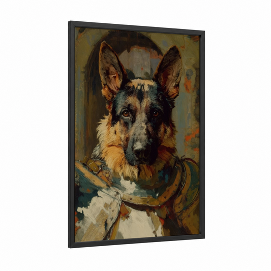 Noble Shepherd Portrait framed shepherd dogs and collies print — black wood frame — gold and dark green palette