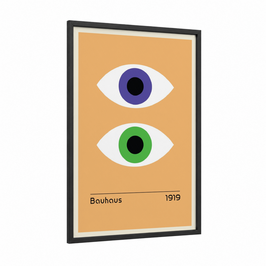Bauhaus Eyes framed abstract geometric print — black wood frame — gold and black and white palette