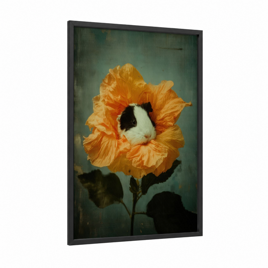 Golden Blossom Guinea Pig framed art print — black wood frame — gold and teal palette