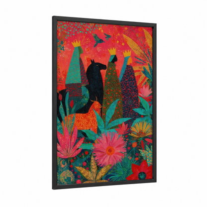 Epiphany Camel framed art print — black wood frame — red and gold palette