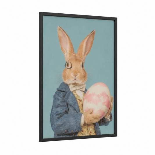 Dapper Easter Bunny framed art print — black wood frame — bermuda gray and peach palette