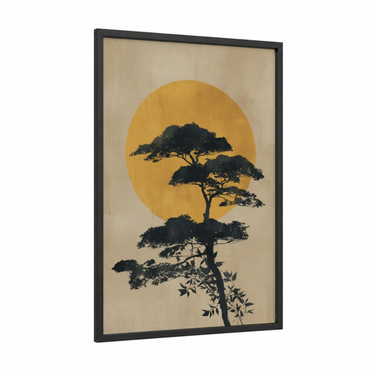 Golden Cypress Silhouette framed cypress tree print — black wood frame — yellow gold and black palette