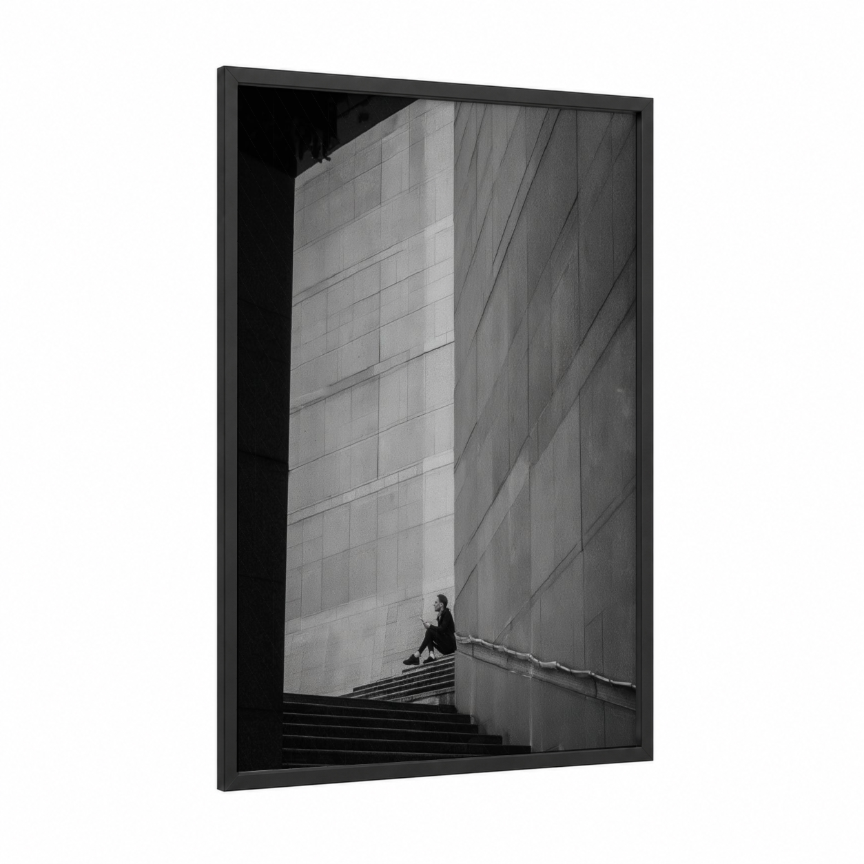 Solitary Contemplation framed abstract architecture print — black wood frame — black and white and gray palette