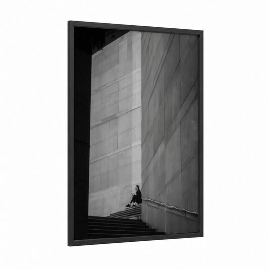 Solitary Contemplation framed abstract architecture print — black wood frame — black and white and gray palette