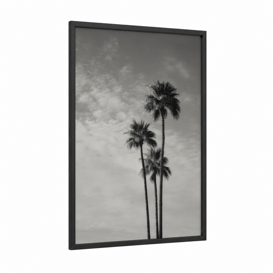 Coastal Palm Trio framed palm tree print — black wood frame — black and white and gray palette