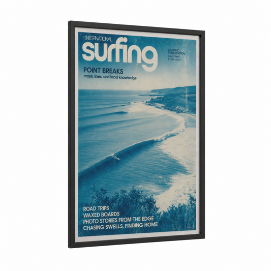 Vintage Surfing Magazine Cover Wall Art framed art print — black wood frame — blue and turquoise palette