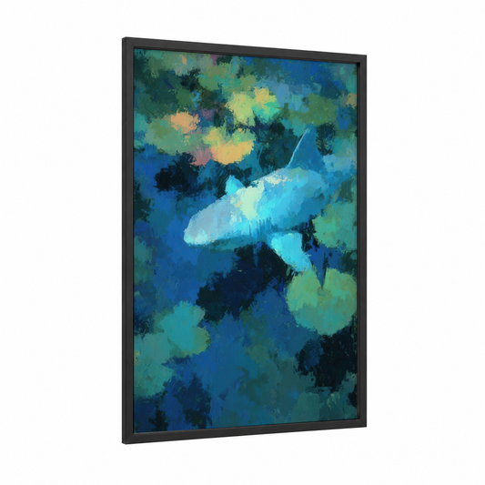 Azure Shark Glide framed blue shark print — black wood frame — blue and teal palette