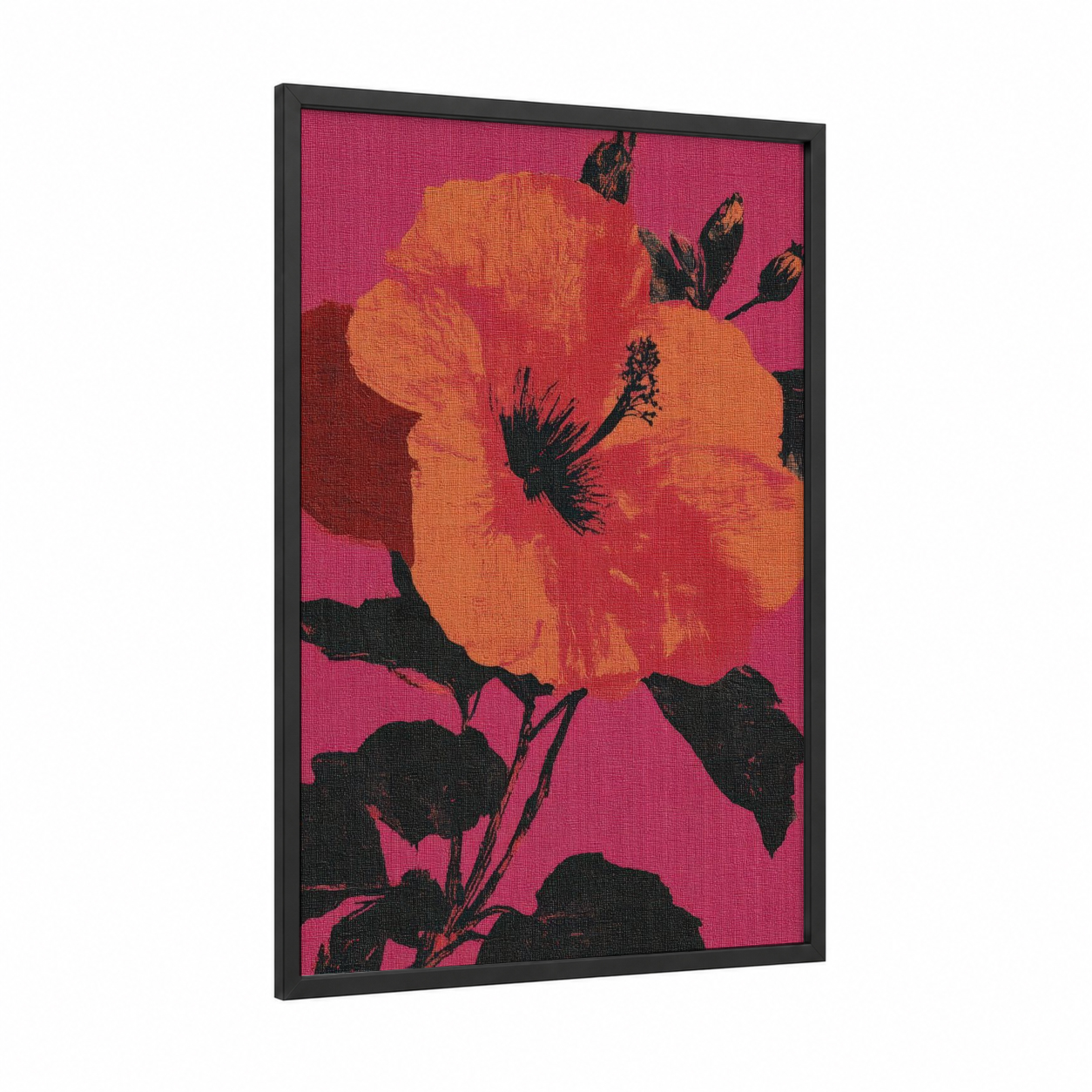 Vibrant Hibiscus framed art print — black wood frame — magenta and orange palette