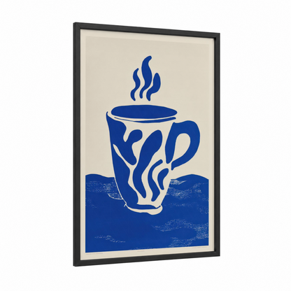 Steaming Coffee Abstract framed art print — black wood frame — blue and cream palette