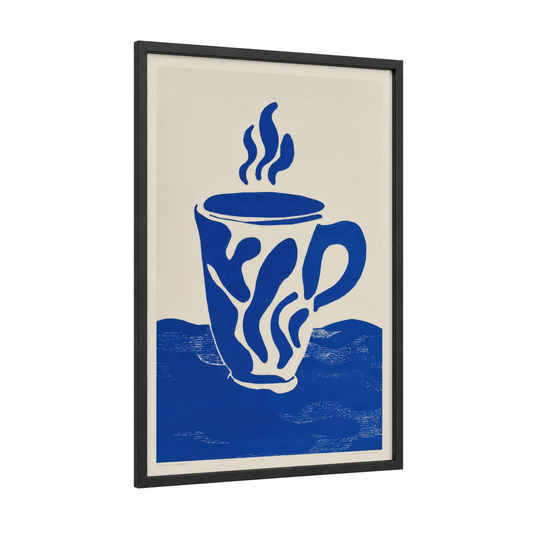 Steaming Coffee Abstract framed art print — black wood frame — blue and cream palette