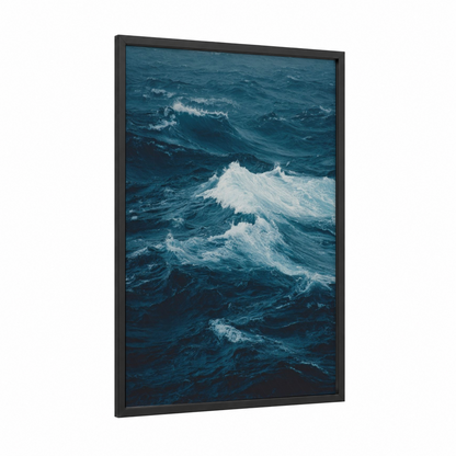 Rolling Ocean Waves framed seascapes and ocean print — black wood frame — blue and white palette
