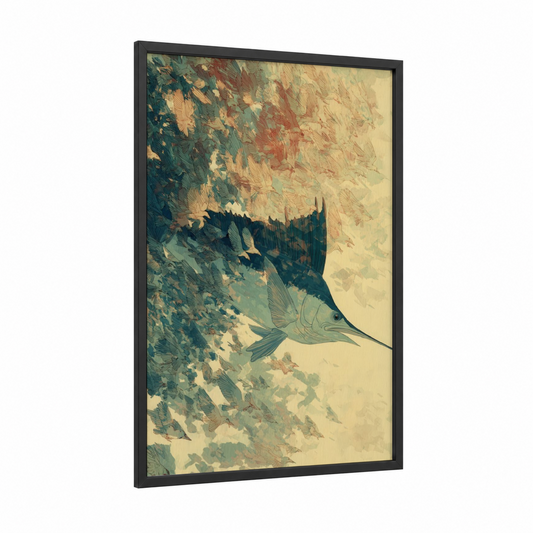 Majestic Sailfish framed art print — black wood frame — teal and cream palette