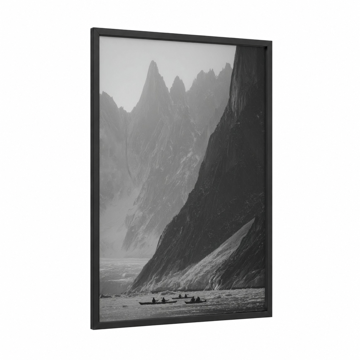 Misty Canyon Kayaks framed kayaks and canoes print — black wood frame — black and white and gray palette