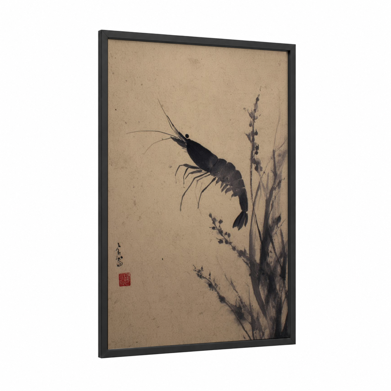 Minimalist Shrimp framed art print — black wood frame — black and beige palette