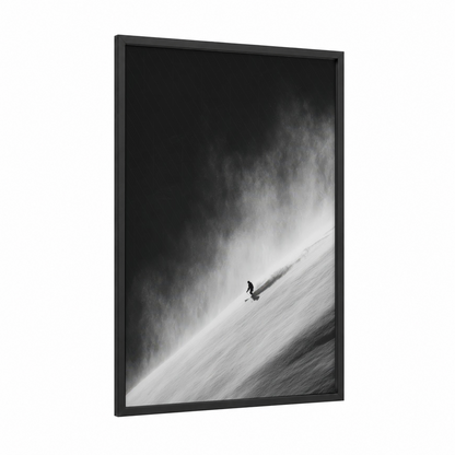 Mountain Descent framed snowboarding print — black wood frame — black and white and gray palette