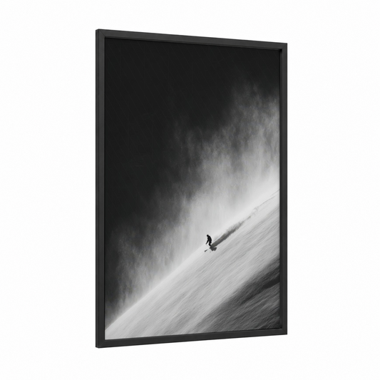 Mountain Descent framed snowboarding print — black wood frame — black and white and gray palette