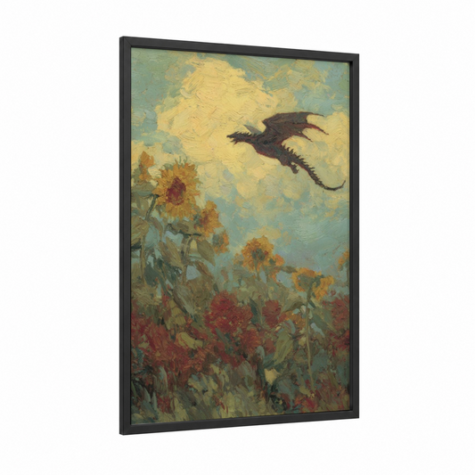 Sunflower Dragon framed art print — black wood frame — gold and teal palette