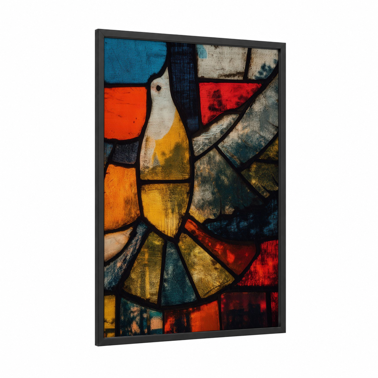 Stained Glass Dove framed art print — black wood frame — orange and blue and gold palette