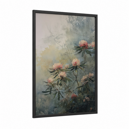 Misty Rhododendron framed art print — black wood frame — gray and pink palette