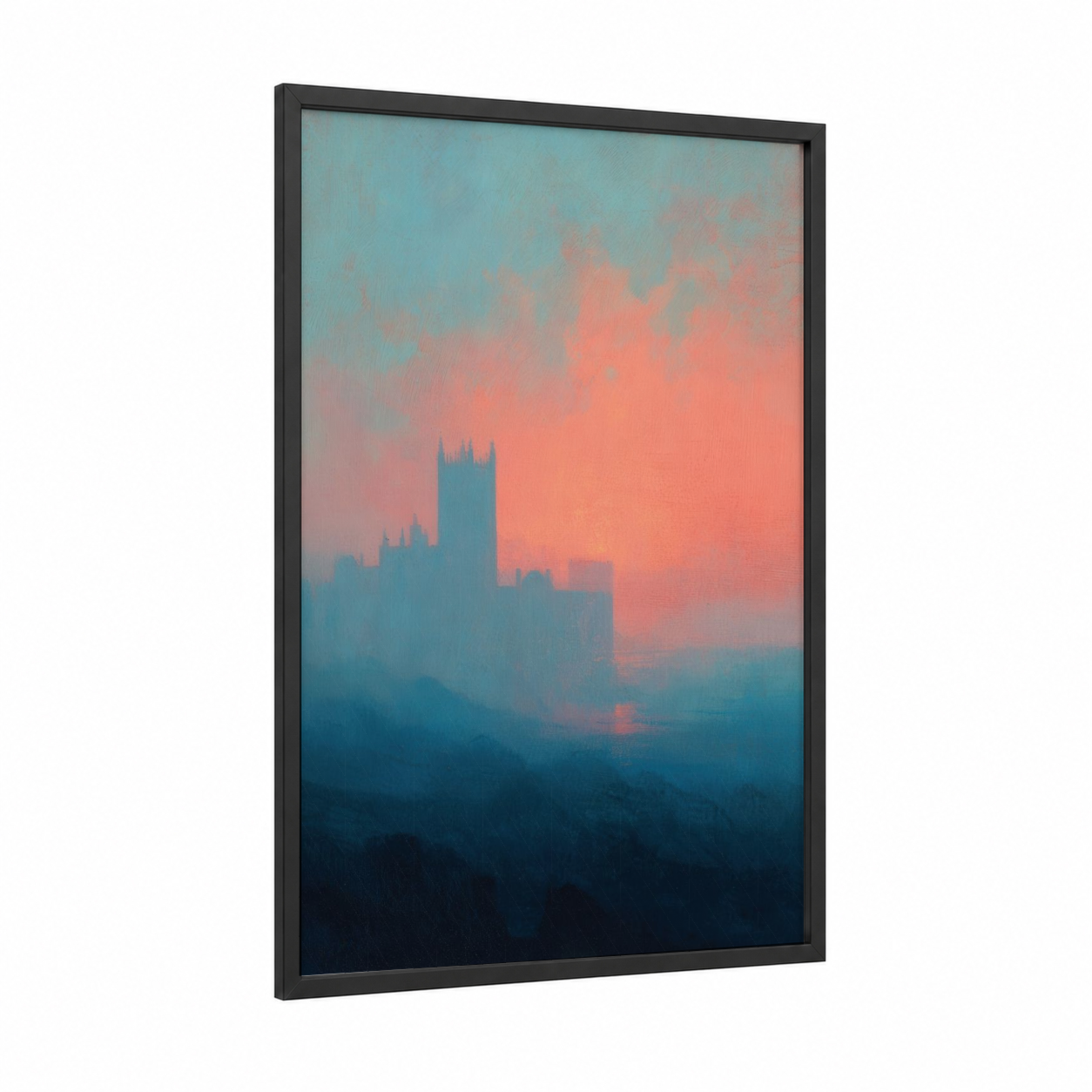 Misty Cathedral Dawn framed art print — black wood frame — blue and gold and salmon pink palette