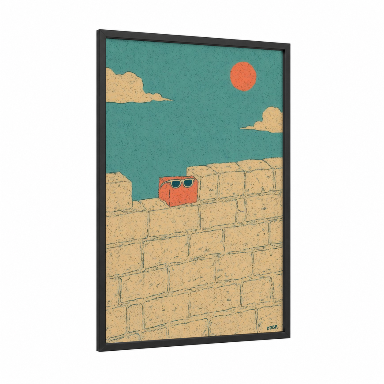 Relaxed Masonry framed art print — black wood frame — teal and gold palette