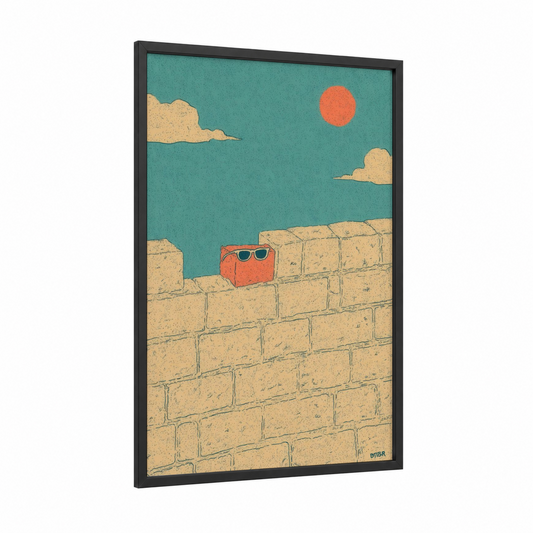 Relaxed Masonry framed art print — black wood frame — teal and gold palette
