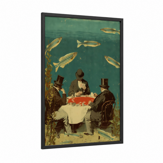 Underwater Poker framed zebrafish print — black wood frame — teal and gold palette