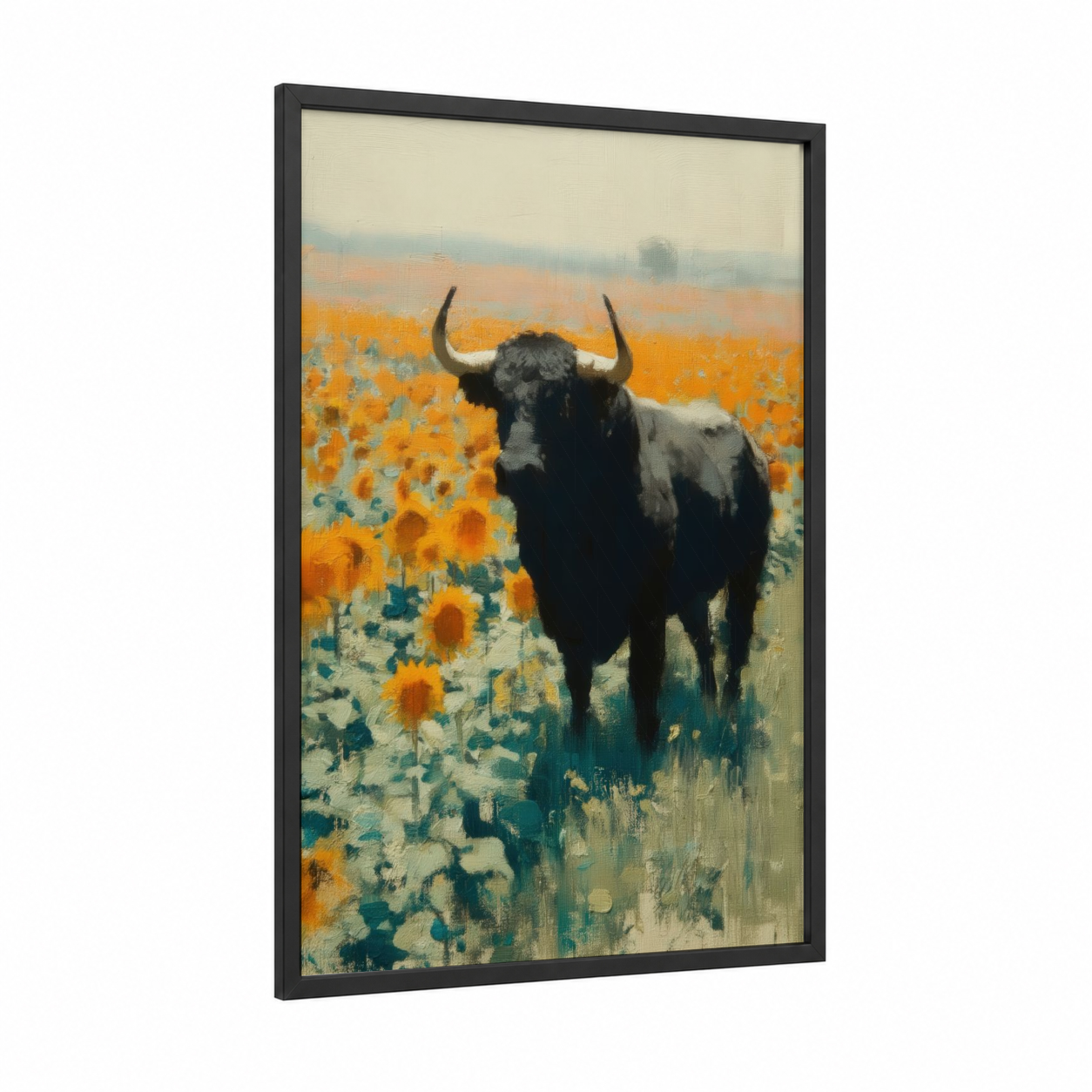 Sunflower Bull framed art print — black wood frame — gold and cream palette